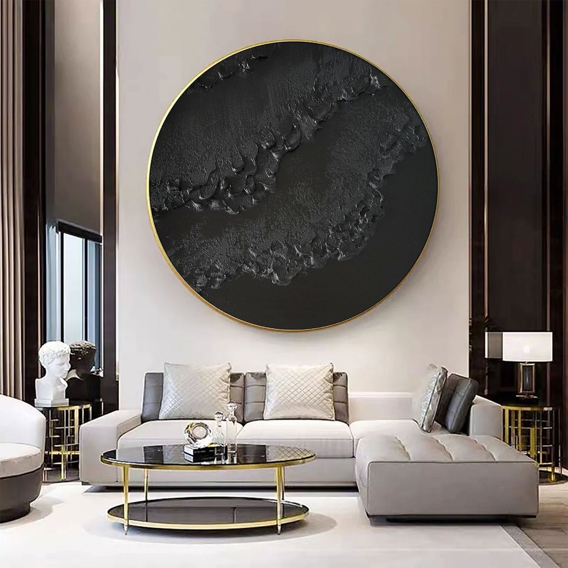 Black Circle Canvas Art Black Circle Minimalist Art Black Textured Wall