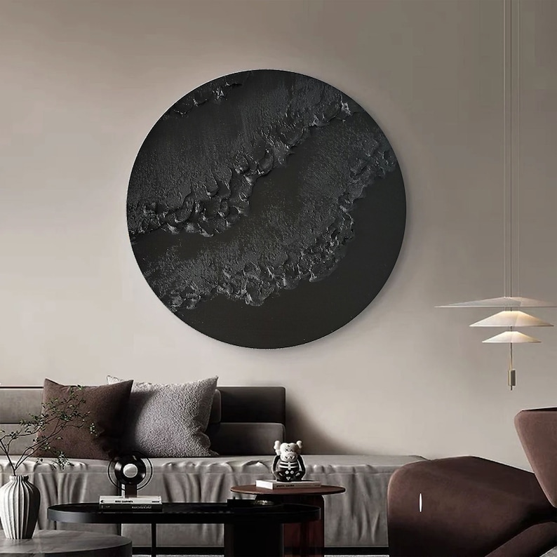Black Circle Canvas Art Black Circle Minimalist Art Black Textured Wall