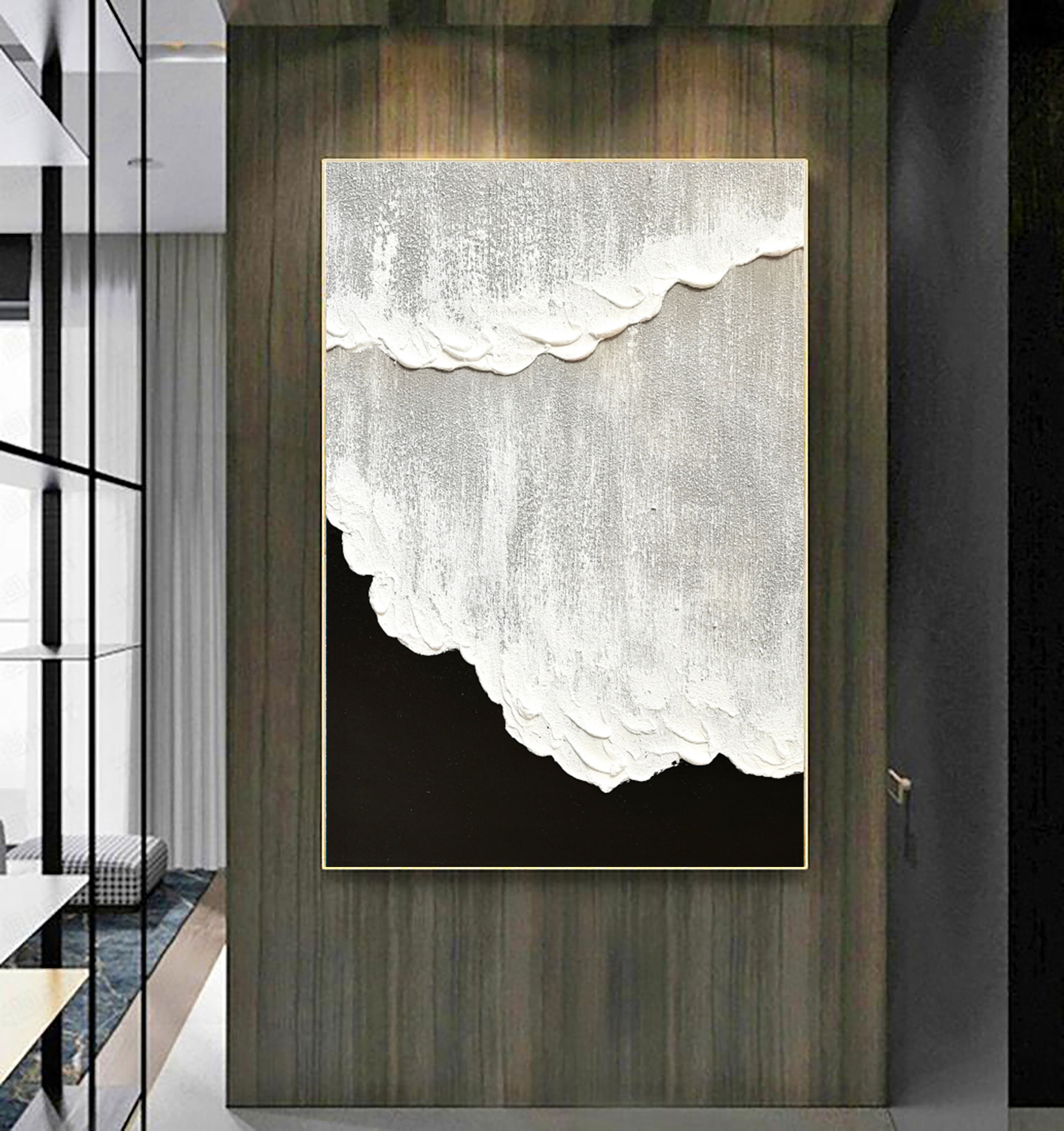 Black and White Painting, Large White Textured Wall Art, Black and