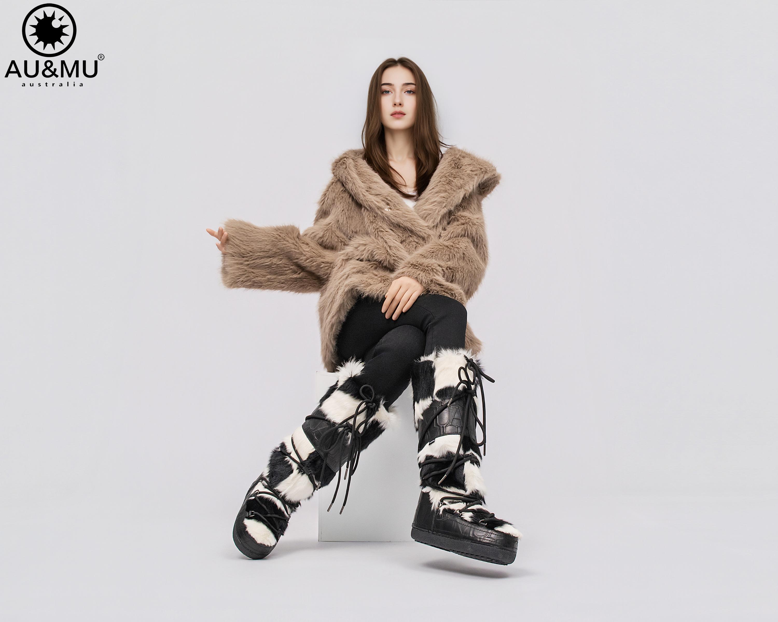 AU&MU Aumu Women's Moccasin Genuine Fur Boot Furry Fluffy Mid-calf