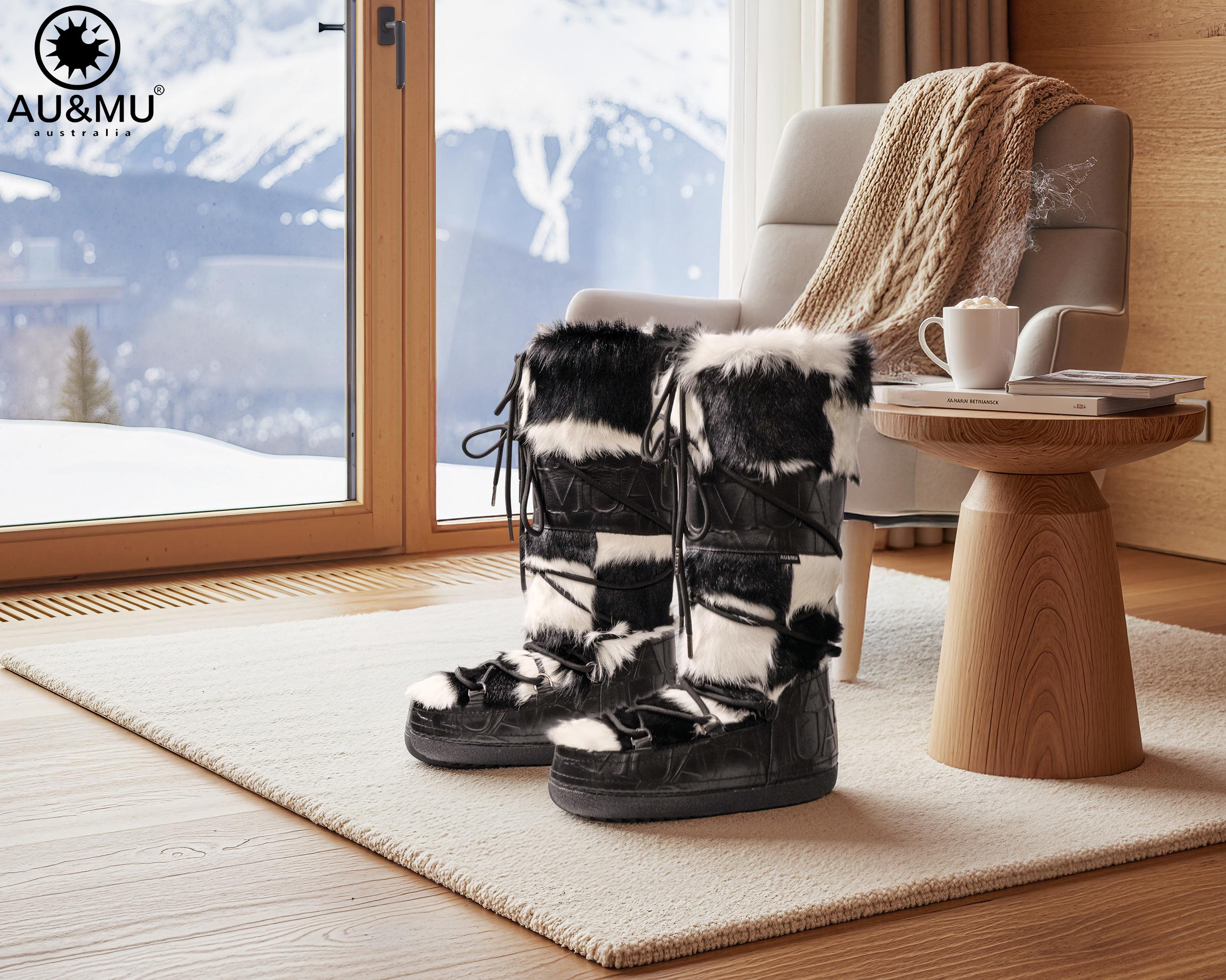 AU&MU Aumu Women's Moccasin Genuine Fur Boot Furry Fluffy Mid-calf