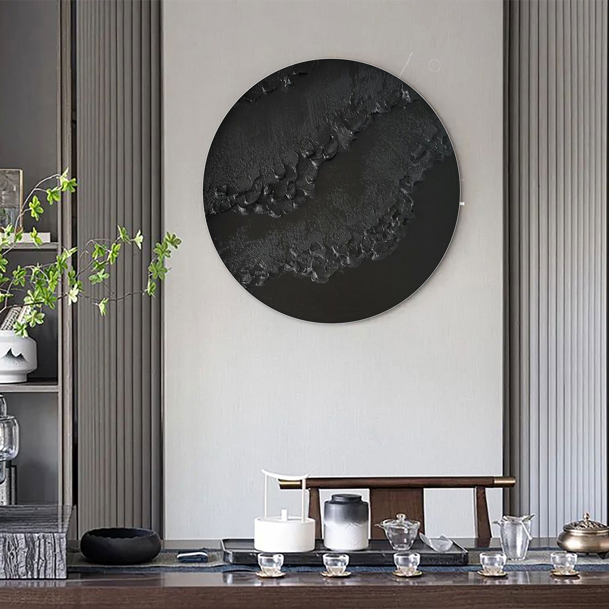 Black Circle Canvas Art Black Circle Minimalist Art Black Textured Wall