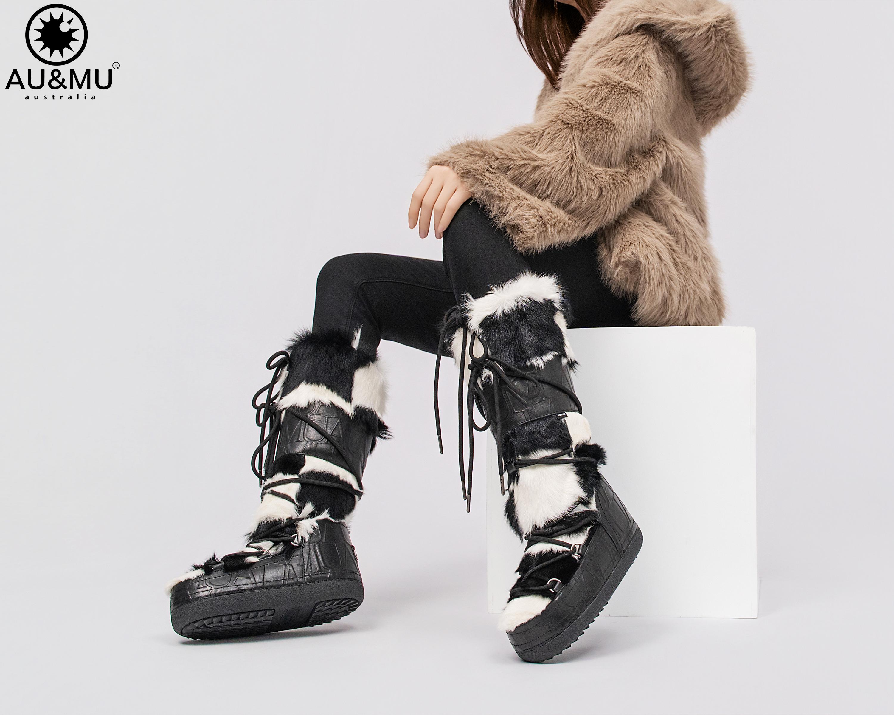 AU&MU Aumu Women's Moccasin Genuine Fur Boot Furry Fluffy Mid-calf