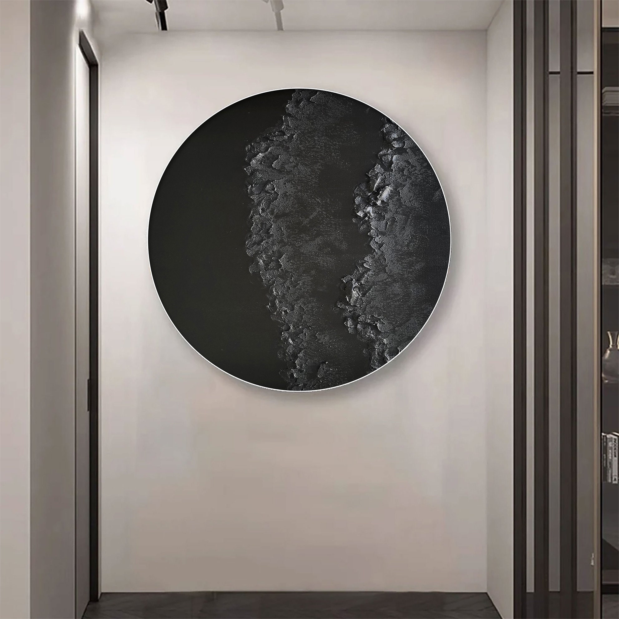 Black Circle Canvas Art Black Circle Minimalist Art Black Textured Wall