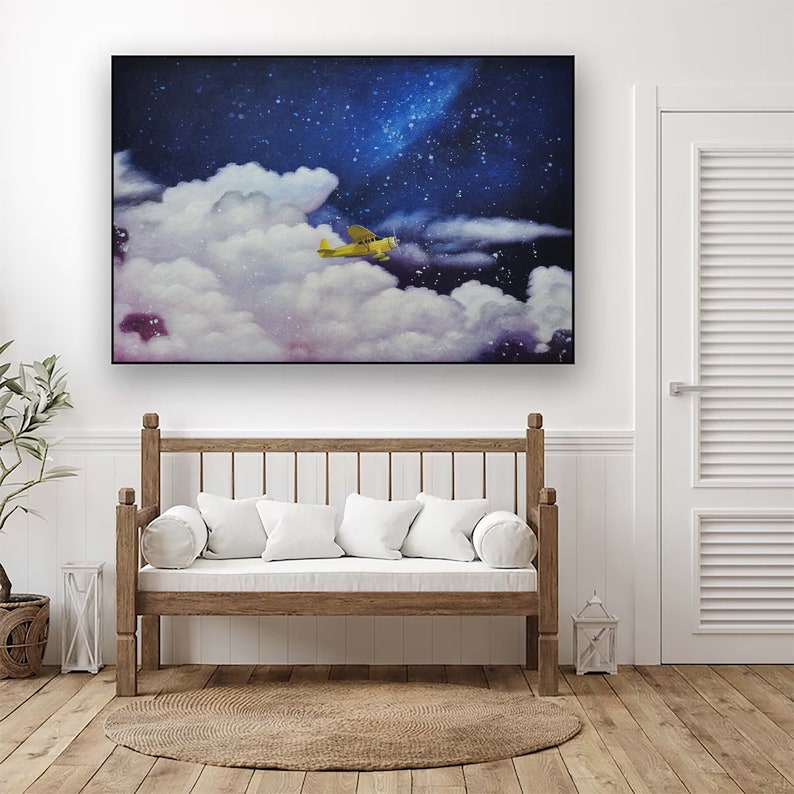 Original White Cloud Wall Art Night Sky Painting Blue Wall Art Etsy