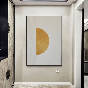 Large Golden Circle Oil Painting on Canvas, Abstract Original Minimalist Gold Leaf Texture Acrylic Painting Living Room Wall Art Home Decor