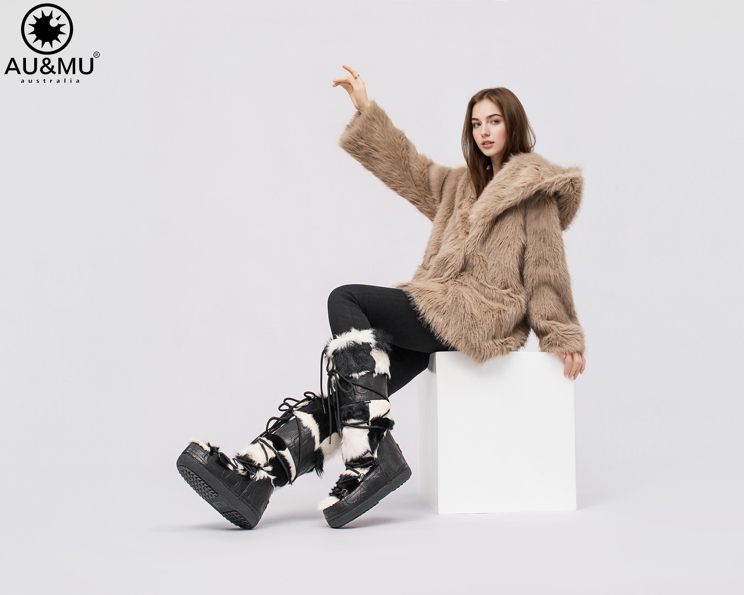 AU&MU Aumu Women's Moccasin Genuine Fur Boot Furry Fluffy Mid-calf