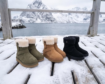 AU&MU Womens Short Platform Winter Snow Boots Classic Thermal Fur Boot Furry Fluffy Warm