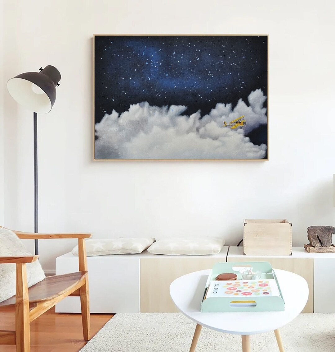 Original White Cloud Wall Art Night Sky Painting Blue Wall Art Abstract
