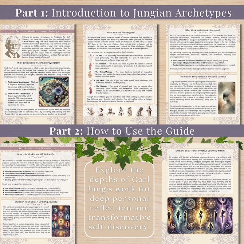 Screenshots from Part 1 and Part 2 of the Carl Jung Archetypes digital workbook, covering foundational psychology concepts and how to use the workbook for self-discovery and personal growth