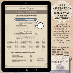 Interactive table of contents with clickable icons for easy navigation in the digital workbook on Carl Jung's Archetypes. Seamless user experience for exploring self-discovery, personal growth, and psychology