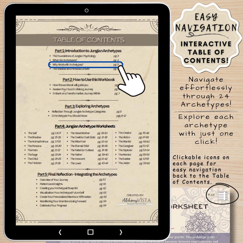Interactive table of contents with clickable icons for easy navigation in the digital workbook on Carl Jung's Archetypes. Seamless user experience for exploring self-discovery, personal growth, and psychology