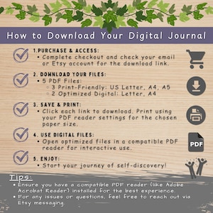 Download instructions for the Carl Jung Archetypes digital workbook, explaining how to access files via Etsy email or account. Easy steps to start your self-discovery journey immediately with instant access to high-quality PDFs.