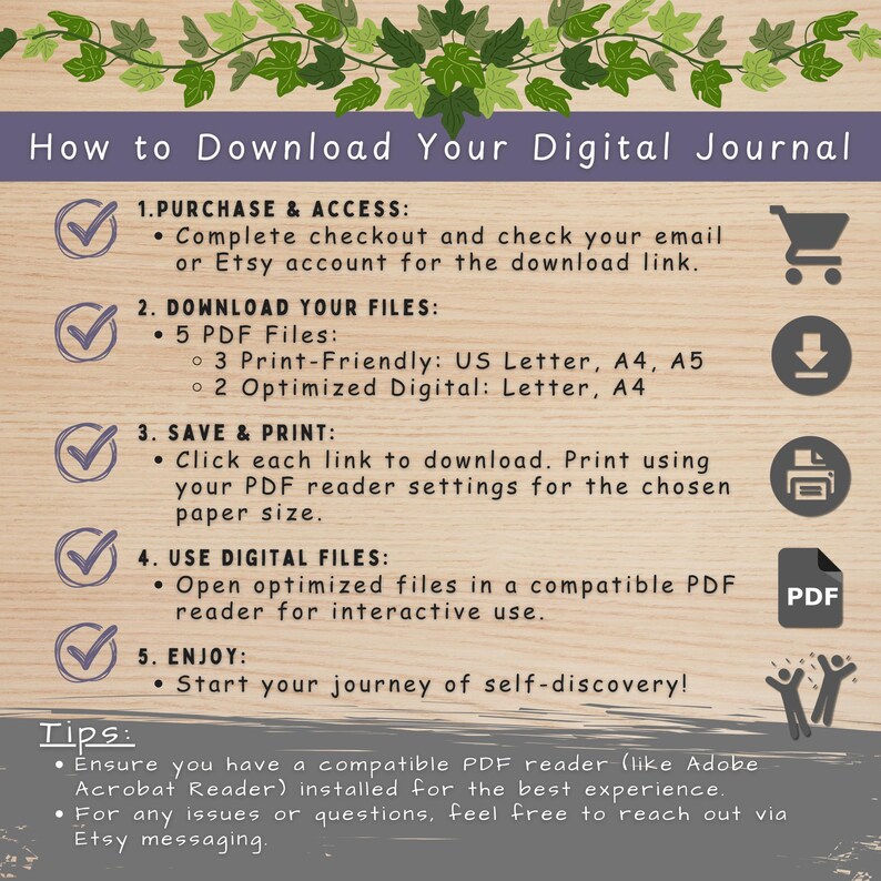 Download instructions for the Carl Jung Archetypes digital workbook, explaining how to access files via Etsy email or account. Easy steps to start your self-discovery journey immediately with instant access to high-quality PDFs.