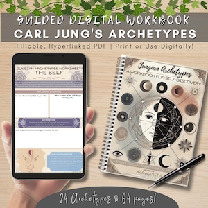 May include: A digital workbook titled "Jungian Archetypes: A Workbook for Self-Discovery" with a spiral binding. The cover features a colorful illustration of a face with a moon and sun symbol. The workbook is 64 pages and includes 24 archetypes.