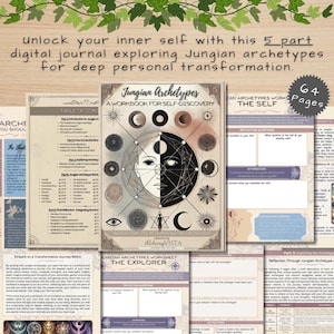 Pages from the 5-part digital workbook series ‘Unlock Your Inner Self’ based on Carl Jung's Archetypes. Includes reflection prompts and worksheets for self-discovery, personal growth, and exploring psychology