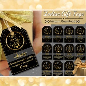 Könnte beinhalten: Ein Satz von 12 druckbaren Geschenkanhängern mit Sternzeichen in Gold und Schwarz. Jeder Anhänger enthält den Namen des Sternzeichens und eine kurze Botschaft. Die Anhänger sind perfekt, um Geschenken eine persönliche Note zu verleihen.