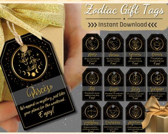 Zodiac Gift Tags Printable, Astrology-Themed Digital Tags, Celestial Gold & Black Gift Wrap Labels, Star Sign Party Favors, Instant Download