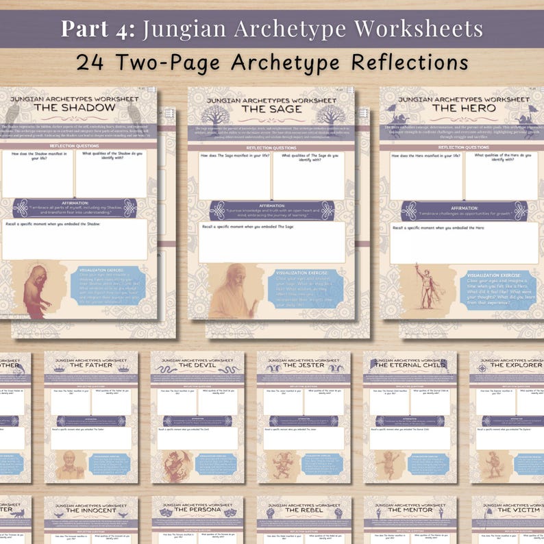 Sample worksheets from Part 4 of the Carl Jung Archetypes digital workbook, featuring interactive reflection prompts and exercises to explore each of the 24 archetypes in-depth. Perfect for personal growth, self-discovery, and applying concepts.