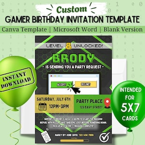 Könnte beinhalten: Eine grüne und schwarze Gamer-Geburtstagseinladungsvorlage für eine Party. Die Einladung hat ein Videospiel-Thema mit einer Nachricht über Level 8 freigeschaltet, einer Partyanfrage und einem grünen Akzeptieren-Button. Die Einladung ist für Brodys Party am Samstag, den 6. Juli von 12:00 bis 15:00 Uhr in der 123 Easy Street. RSVP bis zum 30. Juni an 123-456-7890.