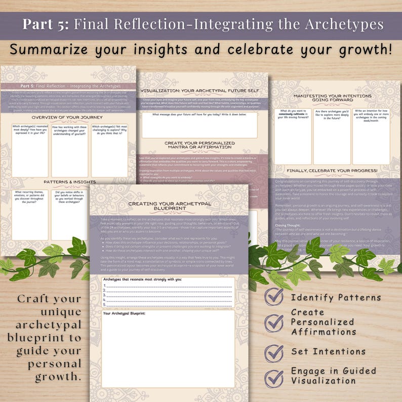 Screenshots from Part 5 of the Carl Jung Archetypes digital workbook, featuring final reflections, creating an archetypal blueprint, visualizing your future self, and crafting personalized affirmations to integrate archetypes into daily life.