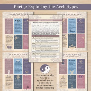 Screenshots from Part 3 of the Carl Jung Archetypes digital workbook, featuring in-depth exploration of 24 archetypes for self-discovery, psychology insights, and personal growth