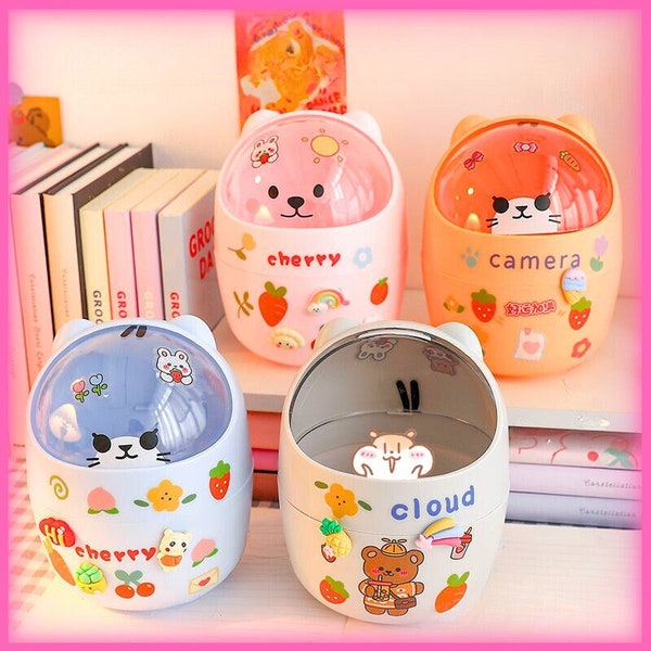 Kawaii Desktop Organizer/Trash Can Stationery Storage Makeup Box Multifunctional Pen Holder Bin with Flip Top Girls