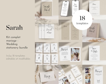SARAH – Wedding Stationery Bundle – Minimalist, Romantic, Modern – Canva Template – Instant Download Invitation Suite