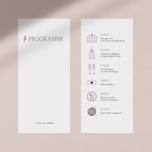 Peut inclure: Programme de mariage recto-verso sur papier cartonné blanc. Le côté gauche indique "le PROGRAMME" et "LISA ET ADAM". Le côté droit liste le programme du mariage avec des icônes.