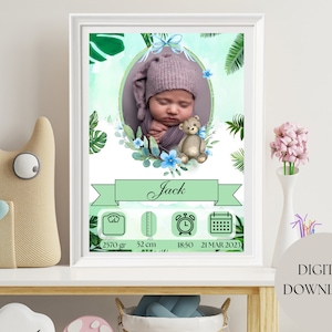 Signe imprimable de statistiques de naissance, affiche de faire-part de naissance, signe de statistiques de nouveau-né, décoration d&#39;art mural de chambre de bébé personnalisée, signe de détails de naissance, téléchargement numérique