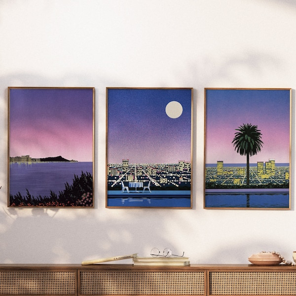 Hiroshi Nagai, lot de 3, affiche imprimée paysage urbain de nuit, art mural rétro numérique, affiche rétro, illustration vintage City Pop des années 80 et 90