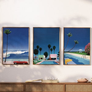 Hiroshi Nagai Set di 3 stampe artistiche di paesaggi urbani notturni Poster retrò Arte murale digitale Poster retrò, Illustrazione vintage Città Pop anni '80 Minimalista