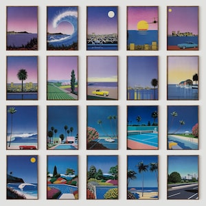 Hiroshi Nagai Bundle 20er Set Kunstdruck Poster Nacht Stadtansicht Retro Wand Kunst Digital Retro Poster Vintage Illustration City Pop 80er Jahre