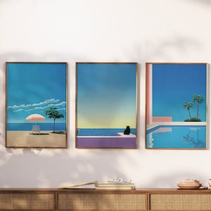 Minimalistisches Wandkunst 3er Set Strand Print Poster Strand Dekor Ozean Poster Pool Wandkunst Sommer Poster Hiroshi Nagai City Pop 80s Printable
