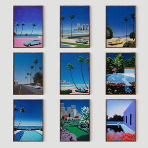 May include: Nine framed retro-style prints featuring palm trees, cars, swimming pools, and ocean scenes. The prints are in a bright colour palette of blue, pink, green, and yellow.