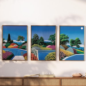 Flower Garden Set of 3 Pool Wall Art Hiroshi Nagai Prints Minimalist Artwork Swimming Pool Retro Wall Art Digital Illustration City Pop 80s