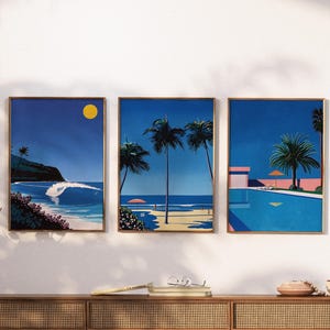 Set of 3 Beach Prints Wall Art Hiroshi Nagai Pool Prints Minimalist Artwork Swimming Pool Retro Wall Art Digital Illustration City Pop 80s