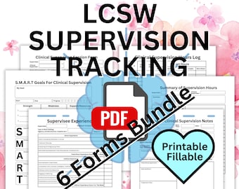 May include: A printable and fillable PDF bundle of 6 forms for LCSW supervision tracking. The forms include a supervision session form, a supervision hours log, a summary of supervision hours, a SMART goals form, a supervisee experience form, and clinical supervision notes.