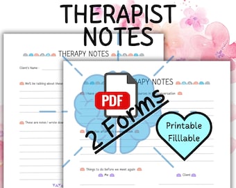 Puede incluir: Plantilla de notas de terapia imprimible en formato PDF. La plantilla presenta un cerebro azul con un globo de pensamiento que dice "2 Formularios". El texto "Imprimible Rellenable" está en un corazón rosa.
