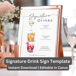 Signature Drink Sign Wedding Bar Menu Template Signature Cocktails Drinks Sign His Her Canva Template Printable Editable Instant Download