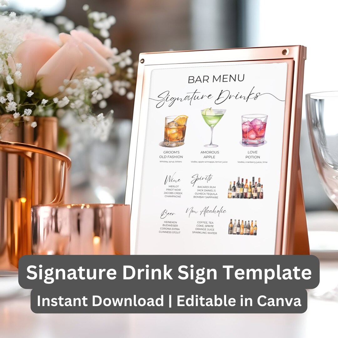 Signature Drink Menu Template, Wedding Bar Sign (canva Editable) - Etsy