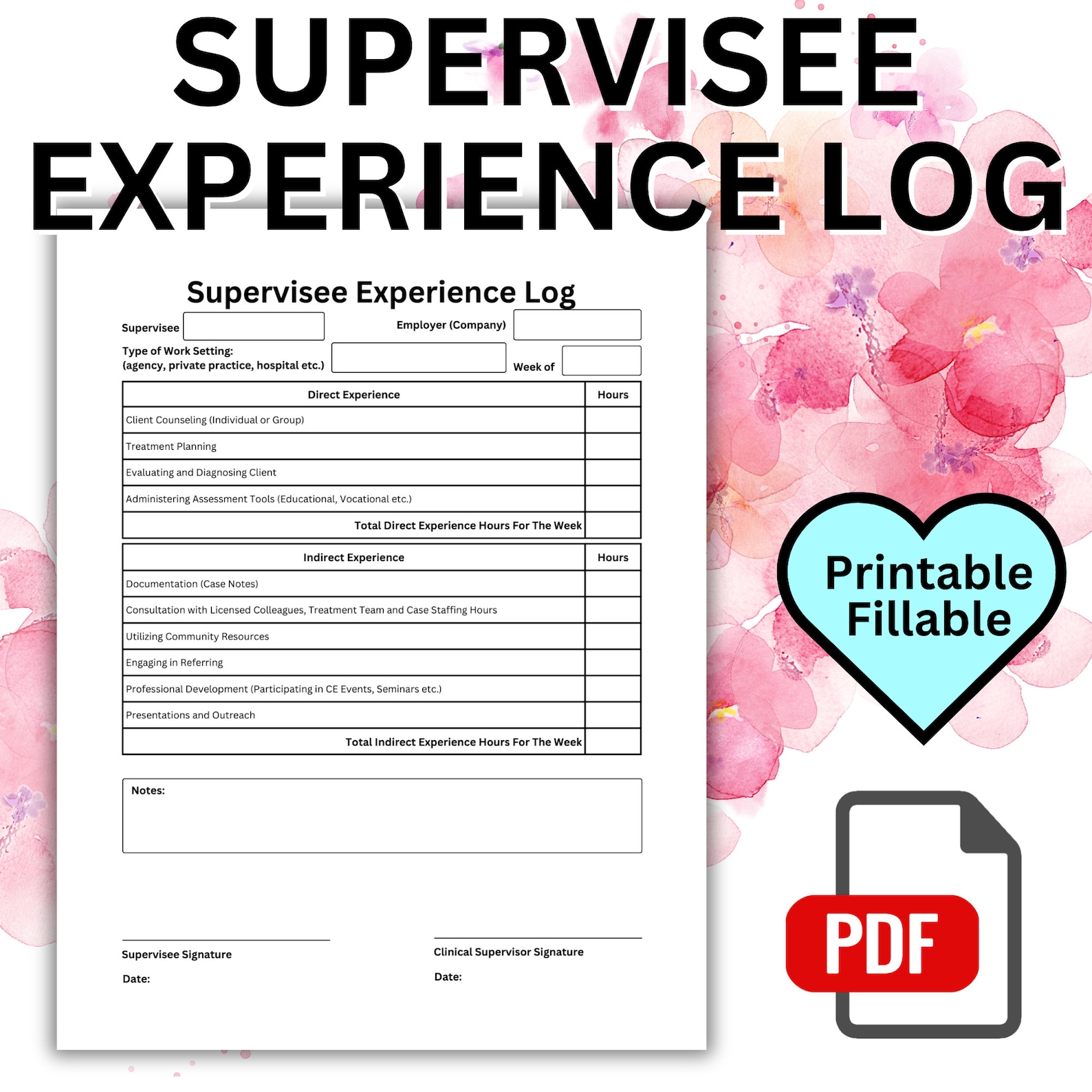 LCSW Hours Tracker Clinical Supervision Tracking Hour Log Notes PDF
