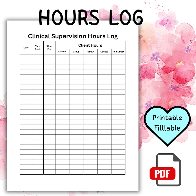 Clinical Supervision Tracking Form Clinical Hours Log Printable