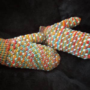 May include: A pair of colorful knitted mittens with a multi-colored pattern of orange, red, blue, green, and white.