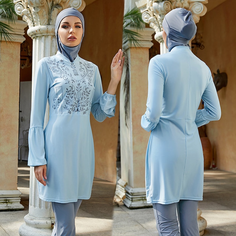 Burkini Hijab 3 STÜCKE Muslimische Bademode Damen Badeanzug Patchwork Sticken Langarm Sport Islamischer Badeanzug Bild 2