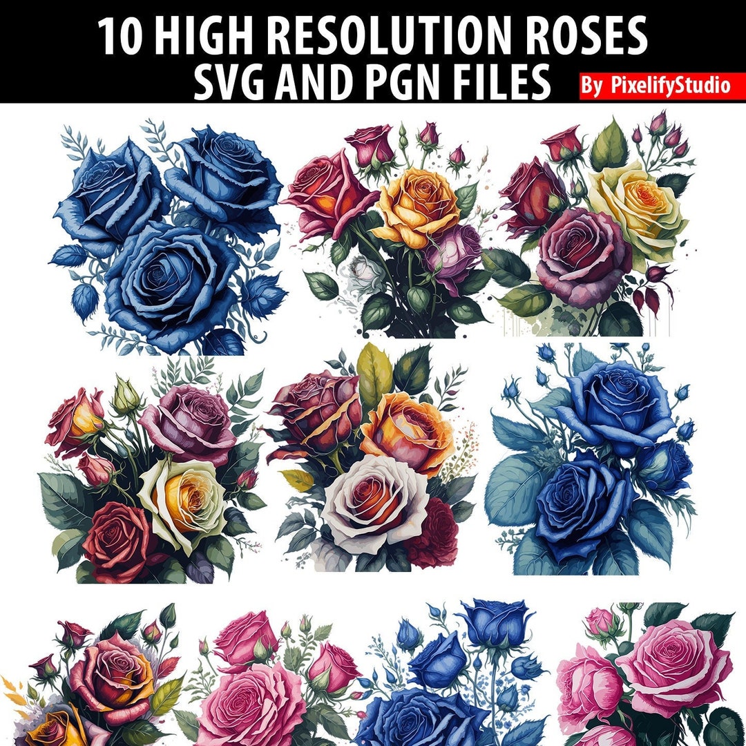 10 Roses, Flowers, Comercial Use, SVG and PNG Files, Watercolor ...