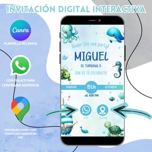 Puede incluir: Una invitación digital en la pantalla de un smartphone con el tema "Under the sea party!". La invitación es para el 5º cumpleaños de Miguel, con la fecha y hora mostradas. Incluye iconos de Canva, RSVP y ubicación.