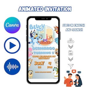 Puede incluir: Un teléfono inteligente que muestra una invitación de cumpleaños digital animada con personajes de Bluey. La pantalla muestra el texto Bernardo Turning 8, Come Celebrate My Birthday, July 4, 23 PM y Magic Balloon Buffet. El diseño incluye acentos azules y naranjas.