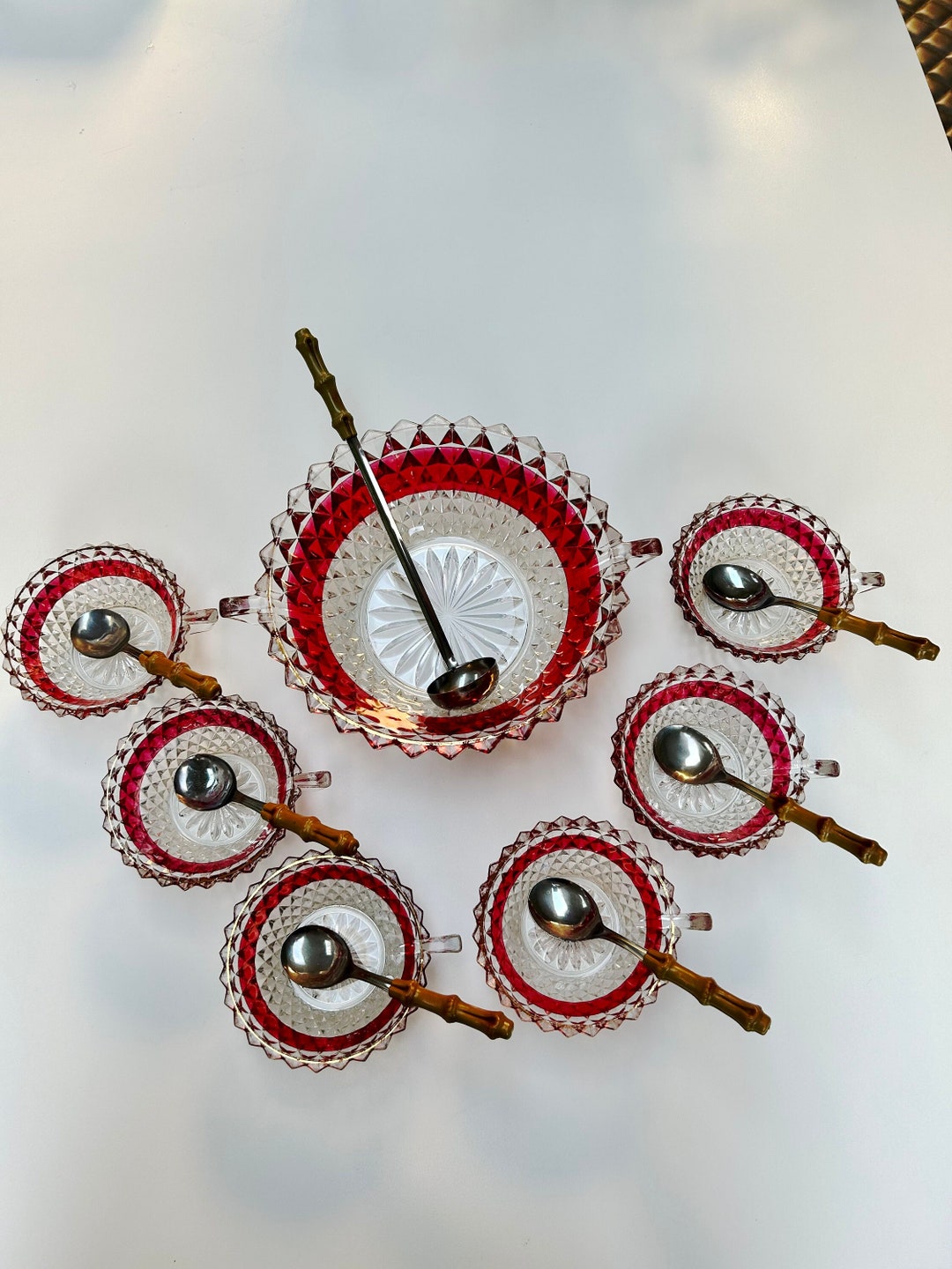 1960s Red Glass Punch Bowl With 6 Matching Cups Vintage Set Etsy