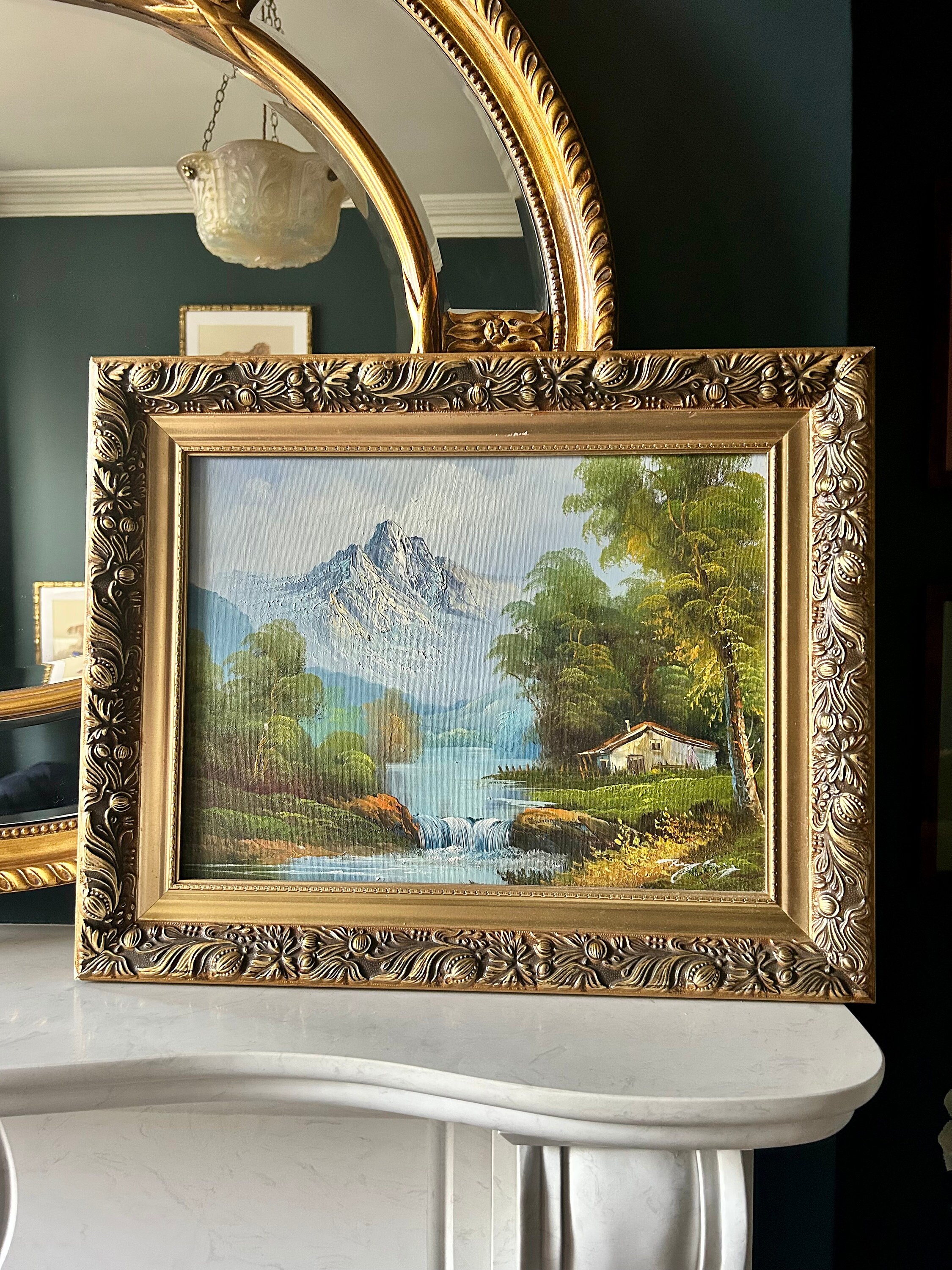 Vintage Original Oil on Canvas Landscape Painting in Wooden Gilt Frame ...